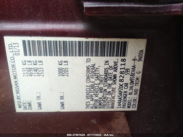 2013 NISSAN MAXIMA 3.5 S VIN: 1N4AA5AP2DC828118