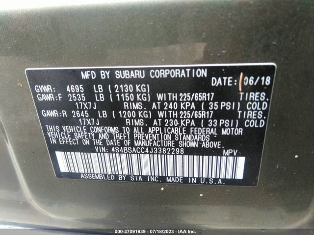 2018 SUBARU OUTBACK PREMIUM VIN: 4S4BSACC4J3382298