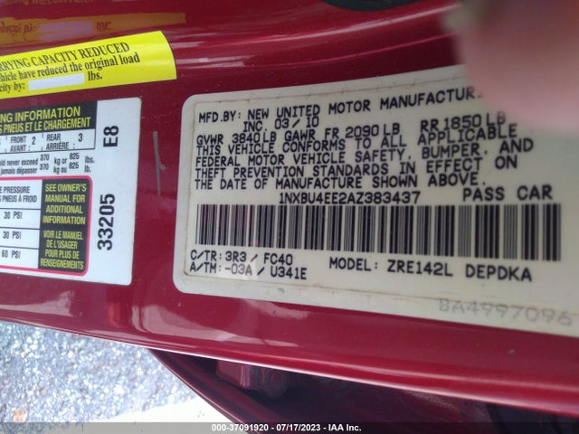 2010 TOYOTA COROLLA VIN: 1NXBU4EE2AZ383437
