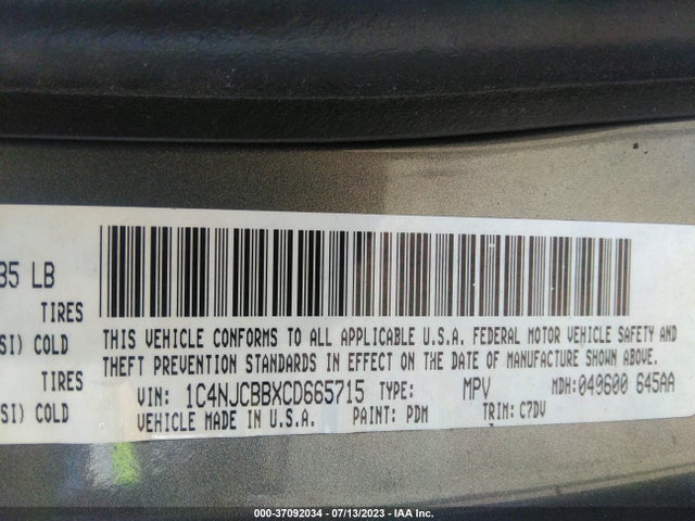 2012 JEEP COMPASS SPORT VIN: 1C4NJCBBXCD665715
