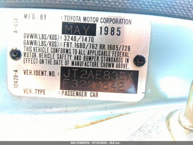 1985 TOYOTA COROLLA LE VIN: JT2AE83EXF3224842