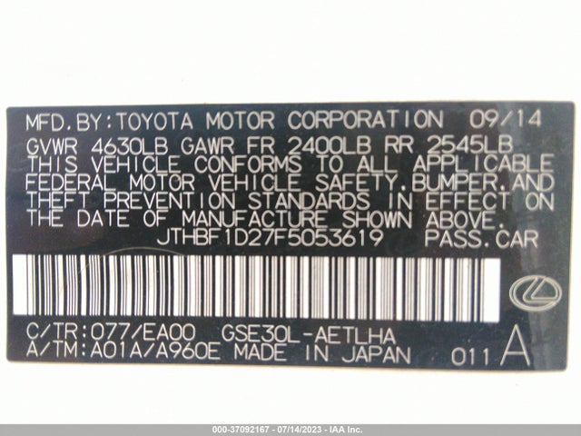 Lexus IS 250 2015 JTHBF1D27F5053619 Image 9