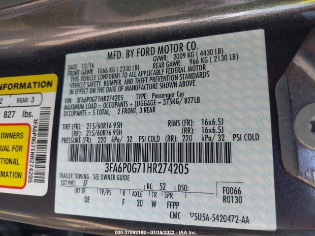 3FA6P0G71HR274205 Ford FUSION S