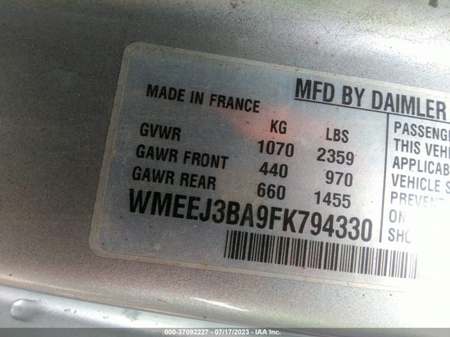 2015 SMART FORTWO PASSION/PURE VIN: WMEEJ3BA9FK794330
