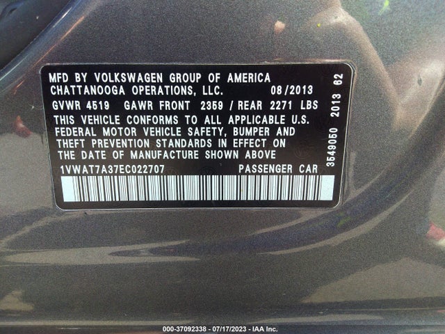 1VWAT7A37EC022707 Volkswagen Passat Wolfsburg Ed