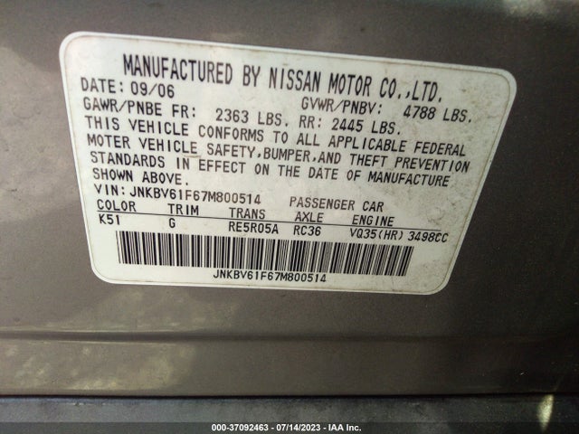2007 INFINITI G35 SEDAN G35X VIN: JNKBV61F67M800514