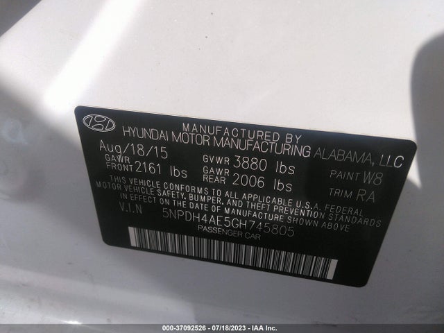 Hyundai ELANTRA SE 2016 5NPDH4AE5GH745805 Image 15