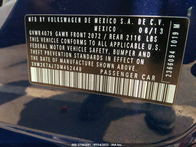 2013 VOLKSWAGEN JETTA SEDAN S VIN: 3VW2K7AJ7DM452448