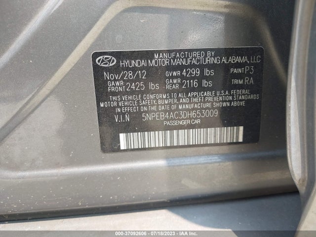 2013 HYUNDAI SONATA GLS VIN: 5NPEB4AC3DH653009