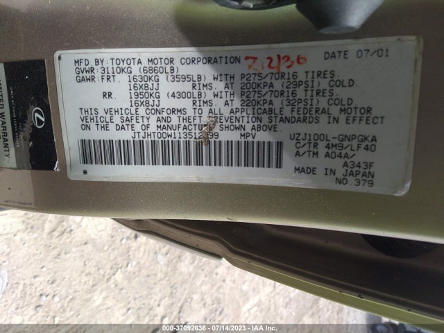 2001 LEXUS LX 470 VIN: JTJHT00W113512099