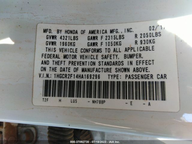 1HGCR2F14HA169296 Honda Accord Sedan Sport Se