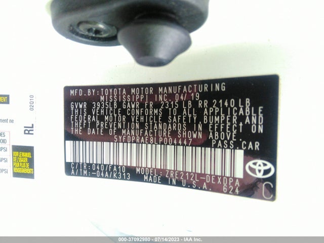 Toyota COROLLA L 2020 5YFDPRAE8LP004447 Image 10
