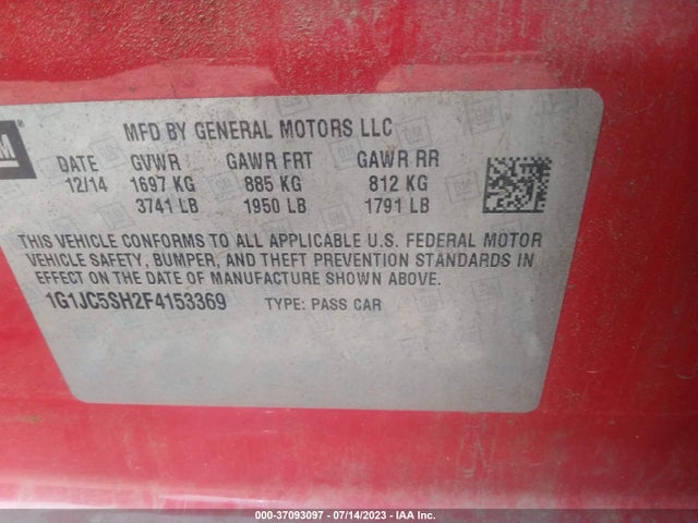 Chevrolet SONIC LT 2015 1G1JC5SH2F4153369 Image 9