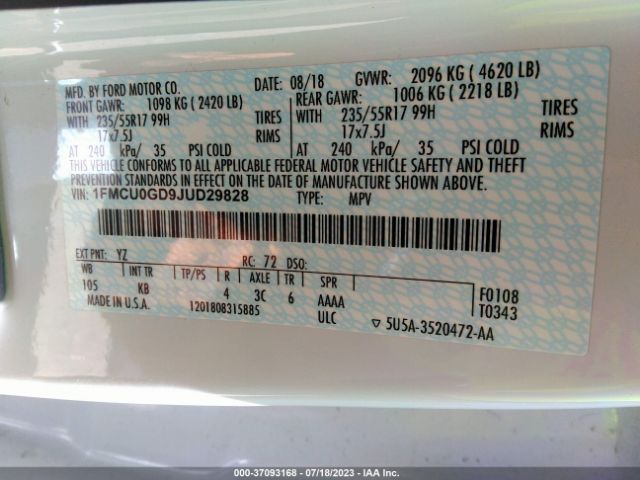 1FMCU0GD9JUD29828 Ford ESCAPE SE