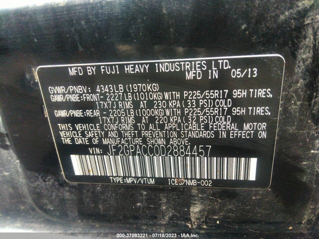 2013 SUBARU XV CROSSTREK PREMIUM VIN: JF2GPACC0D2884457