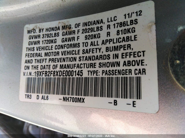 2013 HONDA CIVIC SDN EX VIN: 19XFB2F8XDE000145