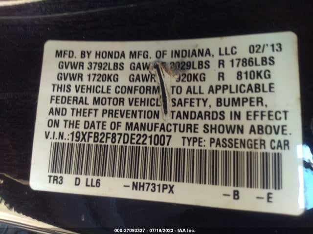 2013 HONDA CIVIC SDN EX VIN: 19XFB2F87DE221007