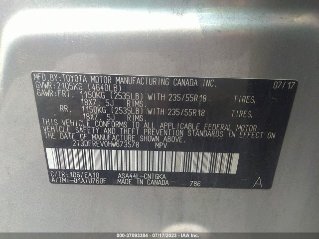 2017 TOYOTA RAV4 LIMITED/PLATINUM VIN: 2T3DFREV0HW673578