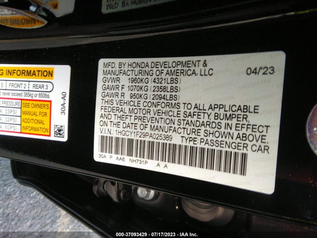 2023 HONDA ACCORD SEDAN LX VIN: 1HGCY1F29PA025389