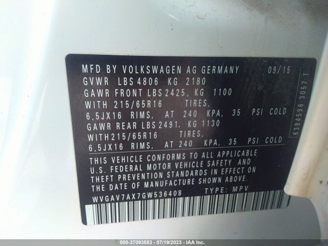 WVGAV7AX7GW536408 Volkswagen TIGUAN S