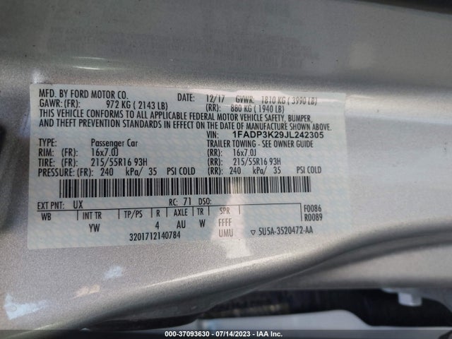 1FADP3K29JL242305 Ford FOCUS SE