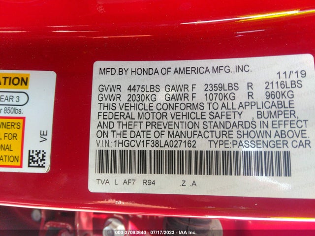 2020 HONDA ACCORD SEDAN SPORT VIN: 1HGCV1F38LA027162