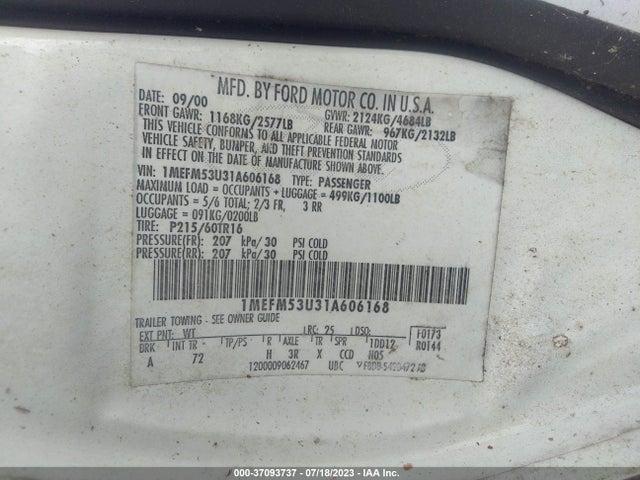 2001 MERCURY SABLE LS VIN: 1MEFM53U31A606168