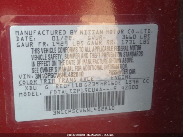 3N1CP5CV6NL482810 Nissan KICKS SV