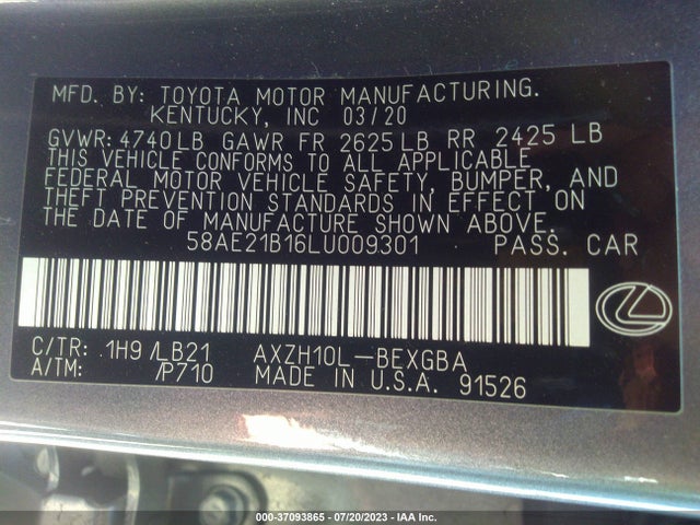 2020 Lexus ES, VIN: 58AE21B16LU009301
