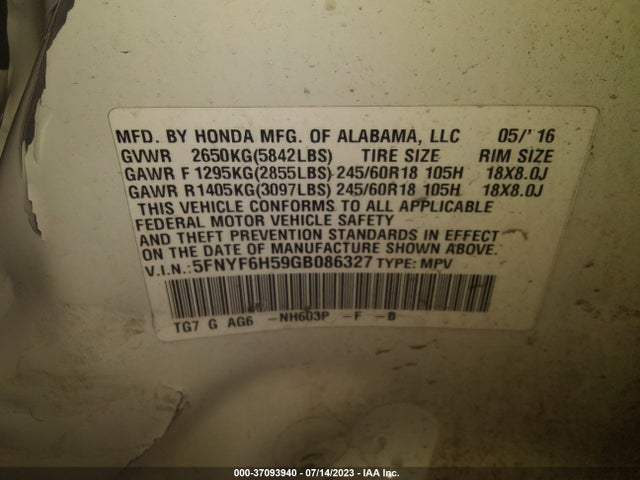 Honda Pilot Ex-l 2016 5FNYF6H59GB086327 Image 9