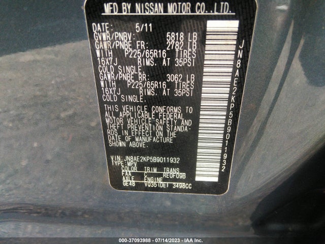 2011 NISSAN QUEST SV VIN: JN8AE2KP5B9011932