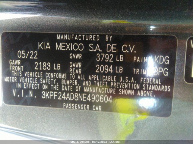 3KPF24AD8NE490604 KIA Forte Lxs