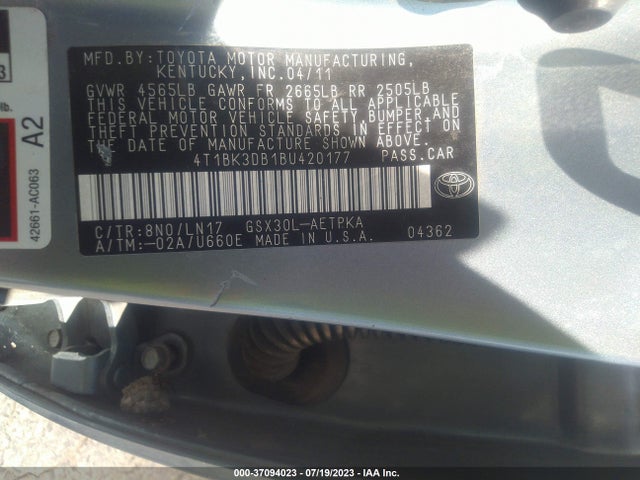 2011 TOYOTA AVALON VIN: 4T1BK3DB1BU420177