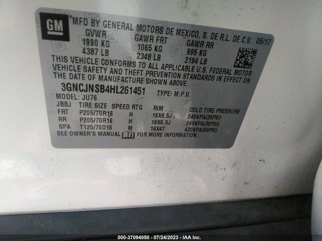 Chevrolet TRAX LS 2017 3GNCJNSB4HL261451 Image 9