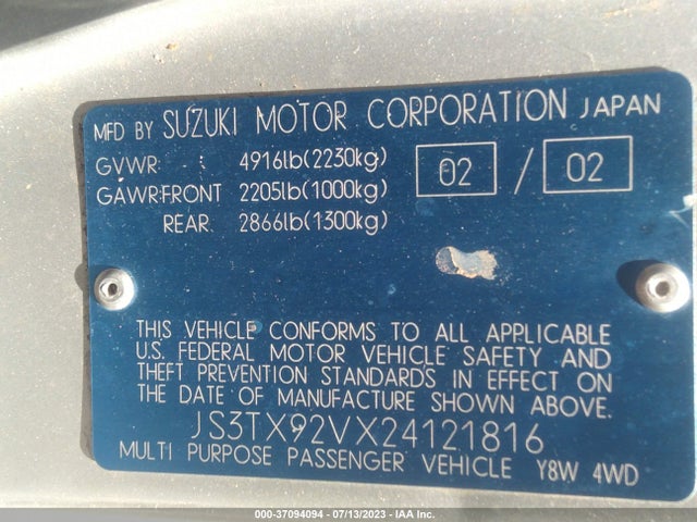 2002 SUZUKI XL-7 STANDARD/PLUS/TOURING VIN: JS3TX92VX24121816