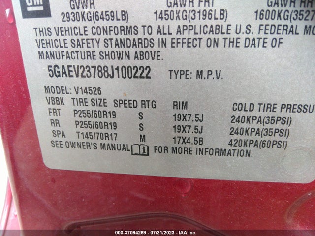 2008 BUICK ENCLAVE CXL VIN: 5GAEV23788J100222