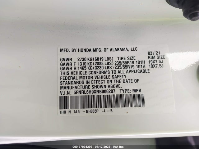 Honda Odyssey Elite 2022 5FNRL6H9XNB006207 Image 9