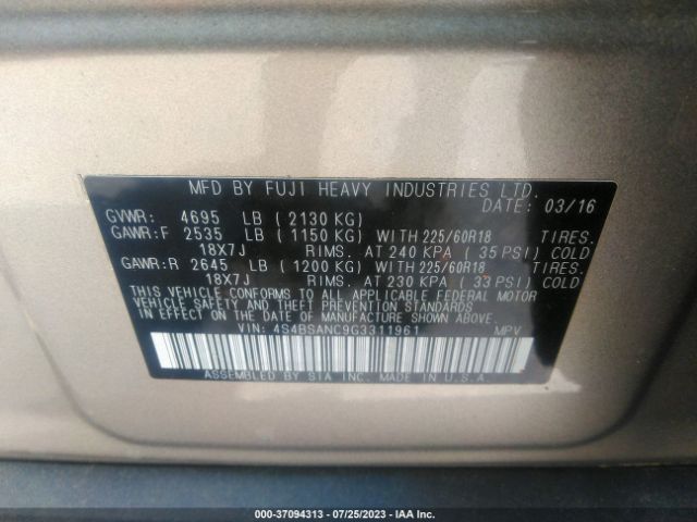 4S4BSANC9G3311961 Subaru Outback 2.5i Limited