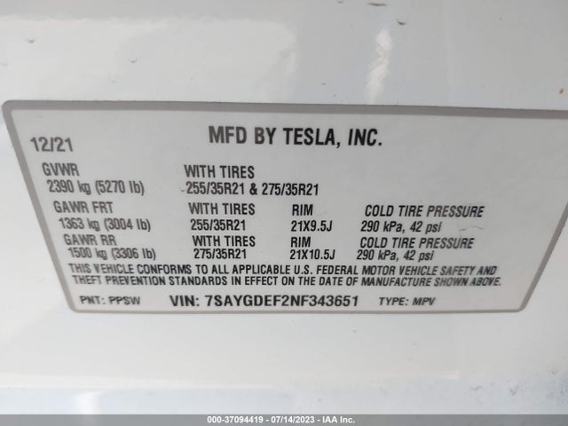 7SAYGDEF2NF343651 Tesla Model Y Performance