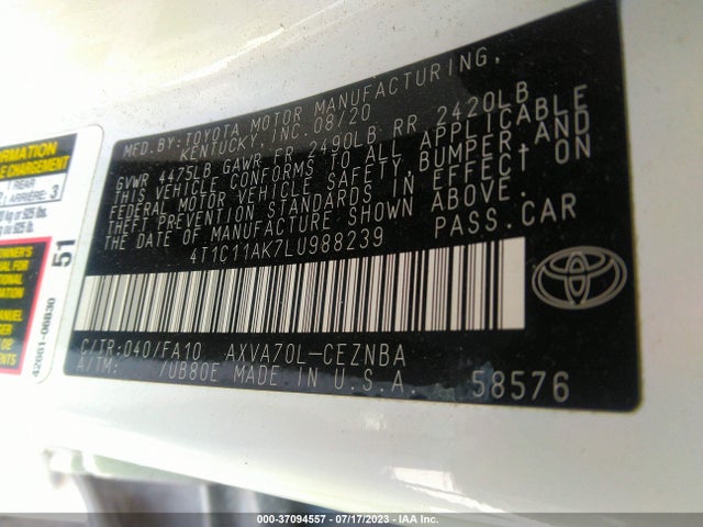 2020 TOYOTA CAMRY LE VIN: 4T1C11AK7LU988239