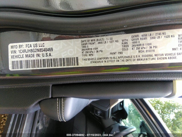 2022 JEEP GRAND CHEROKEE LIMITED VIN: 1C4RJHBG2N8540469