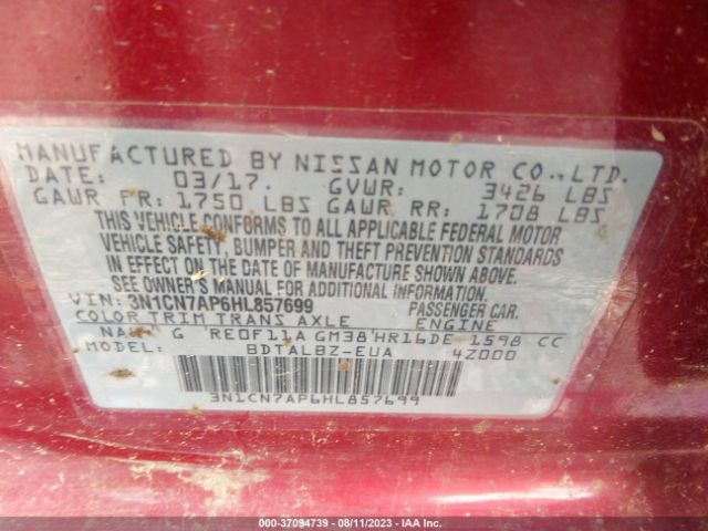 3N1CN7AP6HL857699 Nissan Versa Sedan Sv