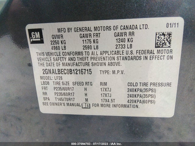 2011 CHEVROLET EQUINOX LS VIN: 2GNALBEC0B1216715