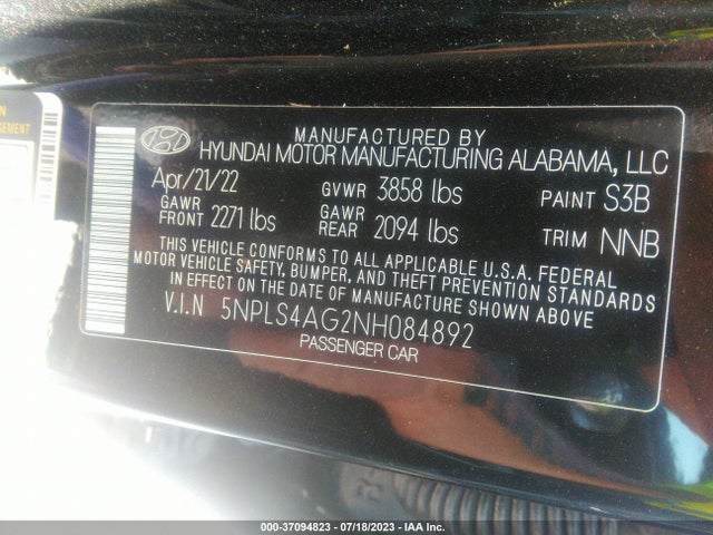 2022 HYUNDAI ELANTRA SEL VIN: 5NPLS4AG2NH084892