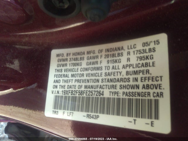 Honda Civic Sedan Lx 2015 19XFB2F58FE257264 Image 9