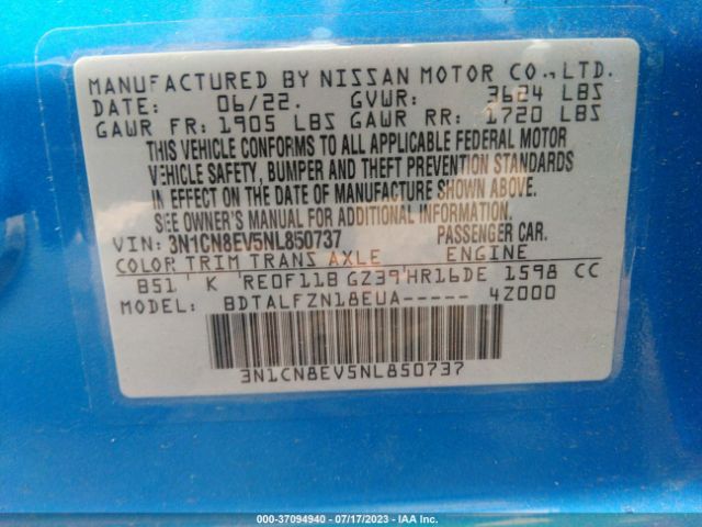 3N1CN8EV5NL850737 Nissan VERSA SV