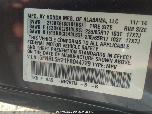 Honda ODYSSEY LX 2015 5FNRL5H21FB044729 Image 9