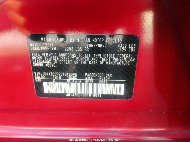 2012 NISSAN LEAF SL VIN: JN1AZ0CP9CT018098