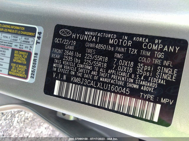 2020 HYUNDAI TUCSON SEL VIN: KM8J3CALXLU160045