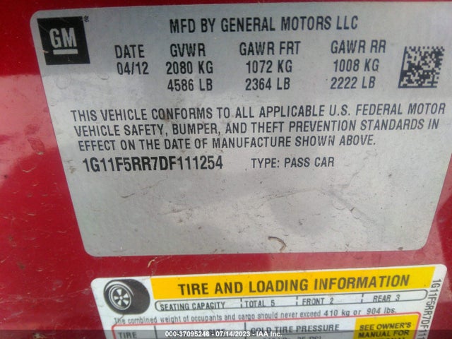 2013 CHEVROLET MALIBU ECO VIN: 1G11F5RR7DF111254